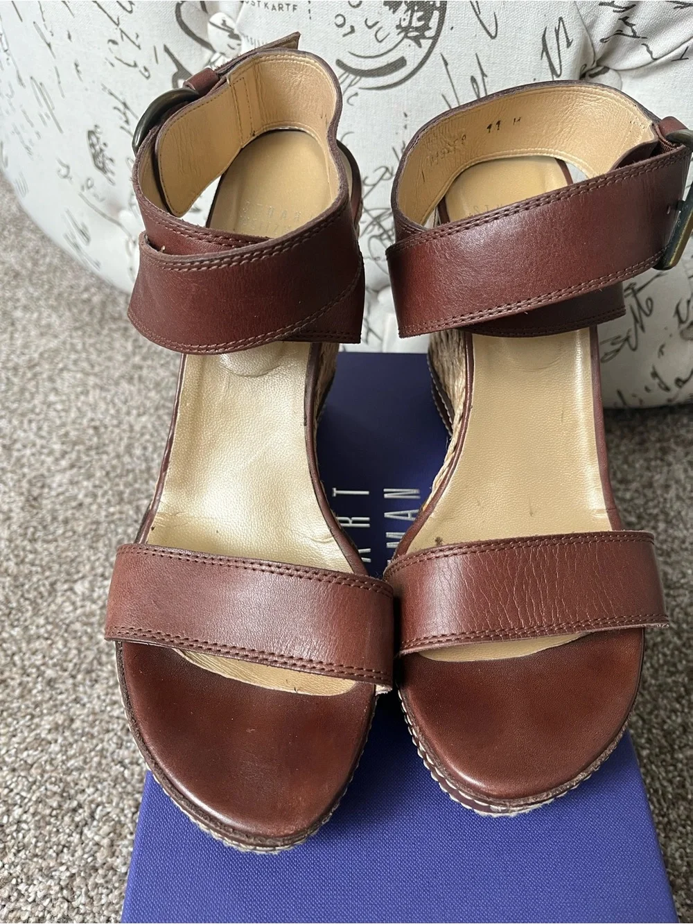 Stuart Weitzman Cognac Brown Leather Espadrille Wedge Sandals. Size 11 - Picture 2 of 16